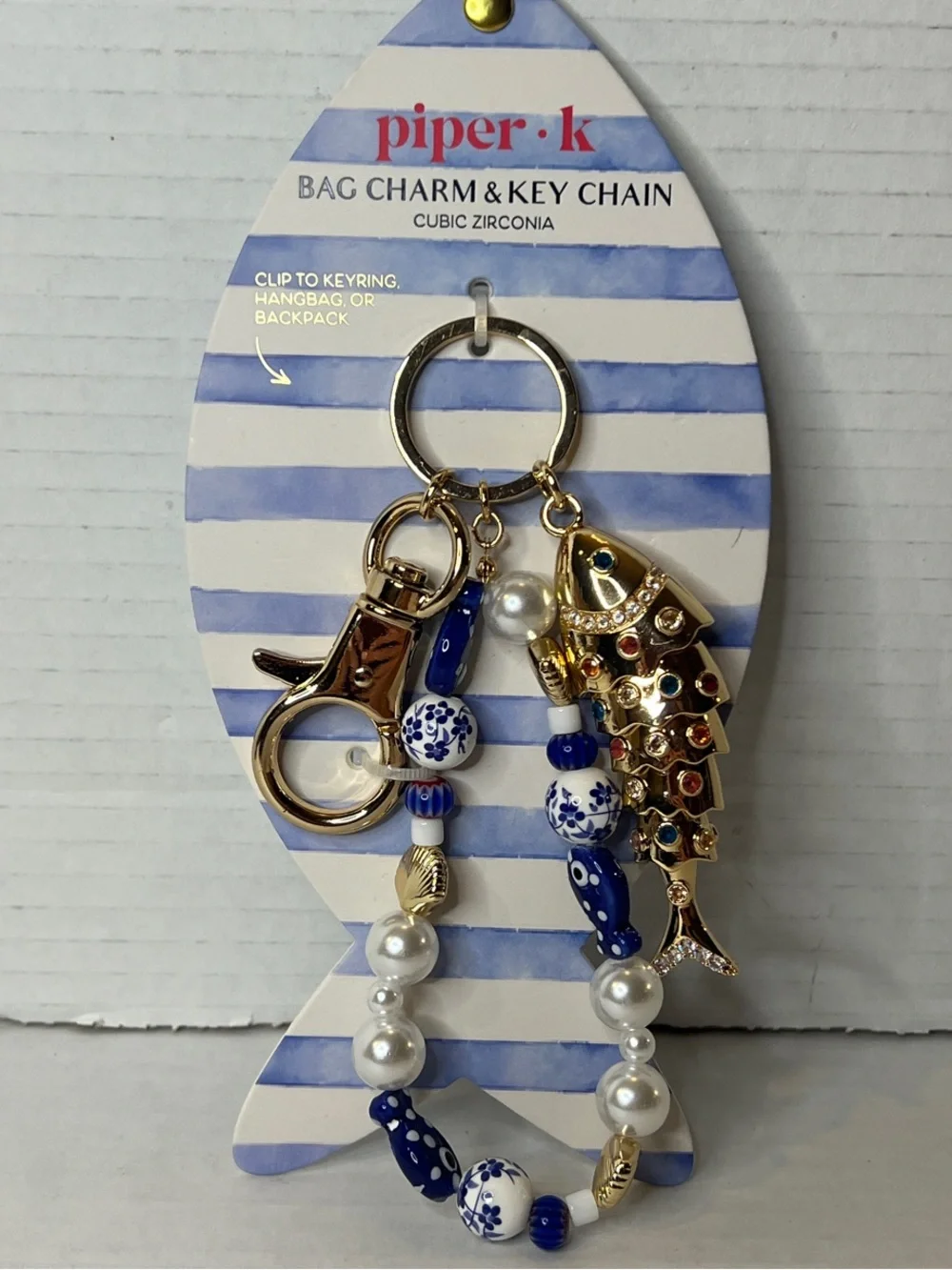 Piper K Costal Gold Beaded Fish Blue White Bag Charm Key Chain New